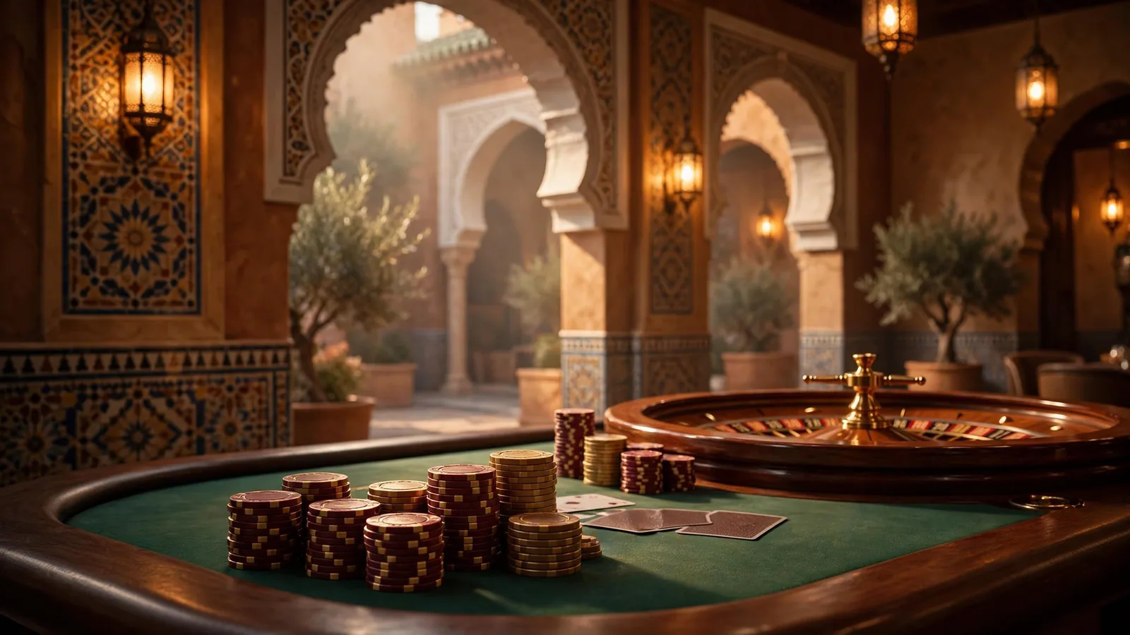 Elegante salón de casino mediterráneo con mesa de juego, fichas de póker y ruleta