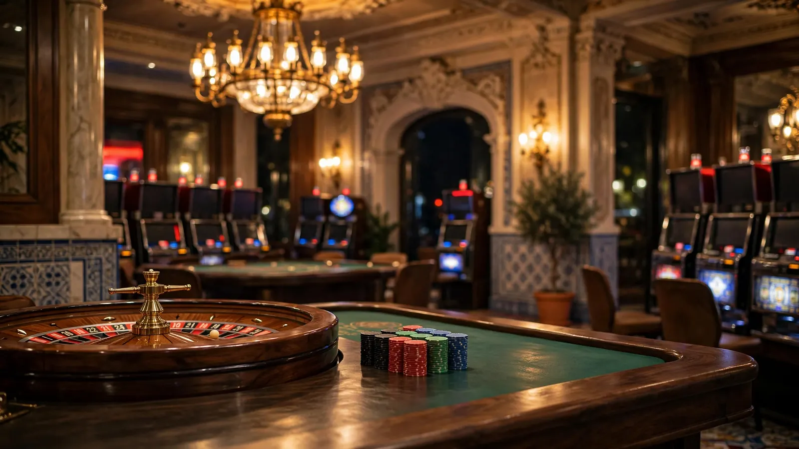 Interior elegante de un casino español con ruleta y fichas sobre mesa de fieltro verde