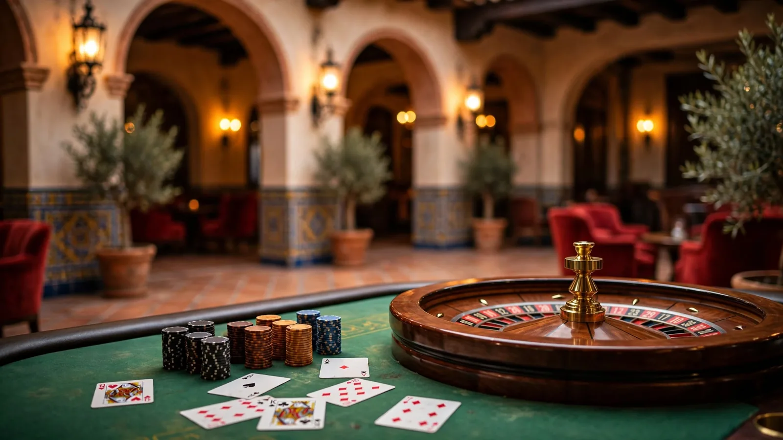 Ambiente de casino español con fichas, ruleta y cartas
