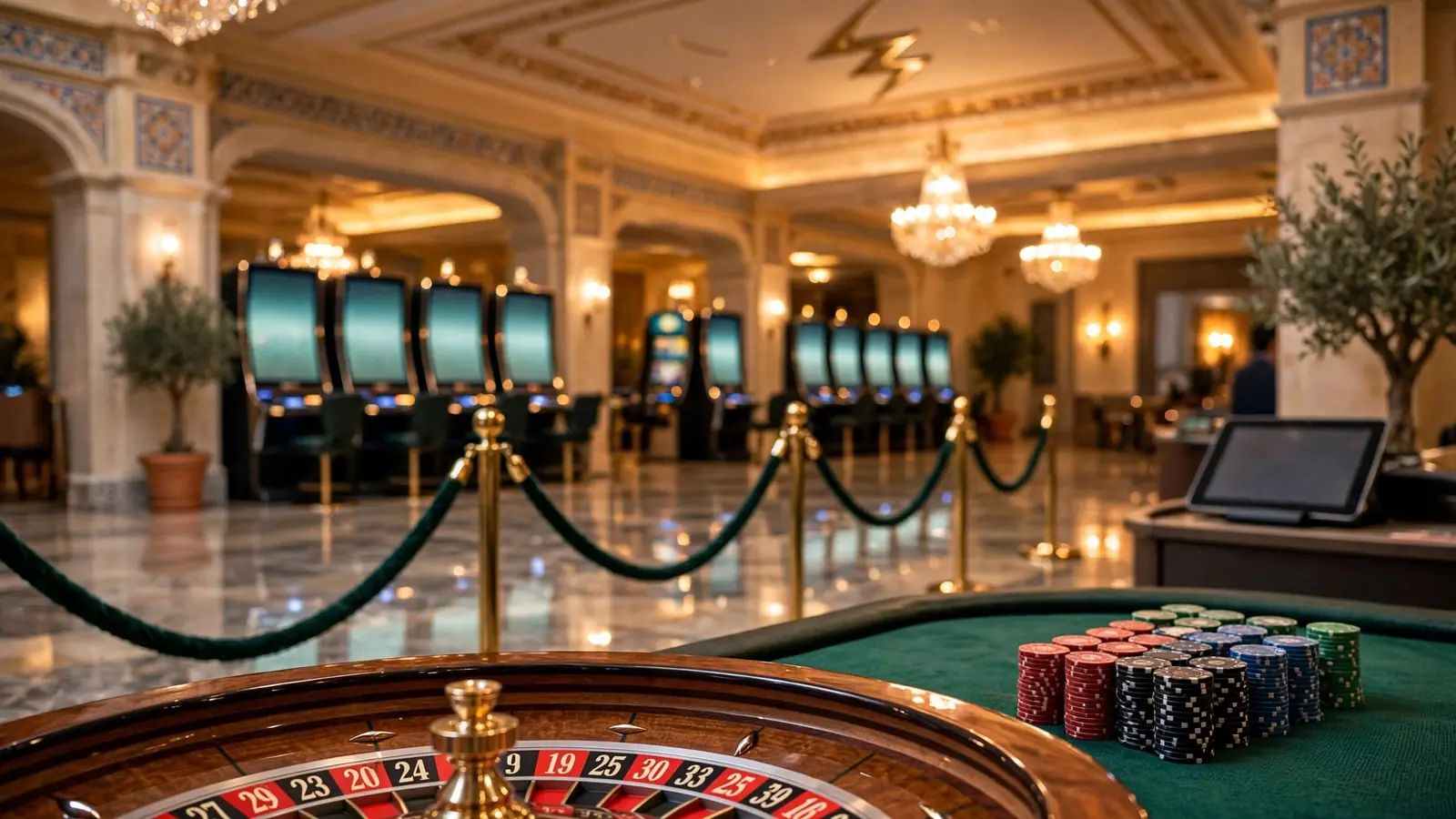 Elegante salón de casino en España con ruleta y luces doradas