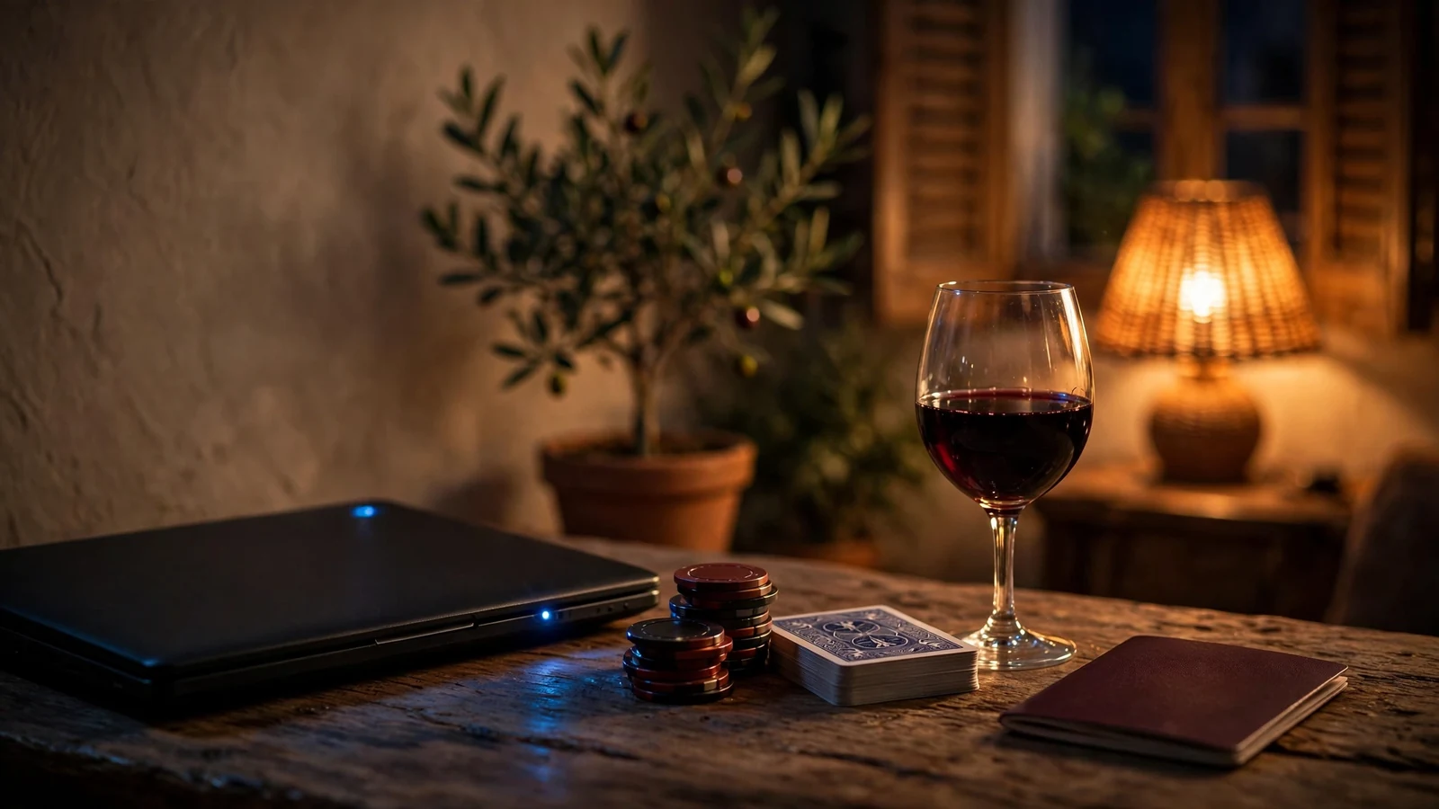 Mesa nocturna con portátil cerrado, fichas de casino y copa de vino español
