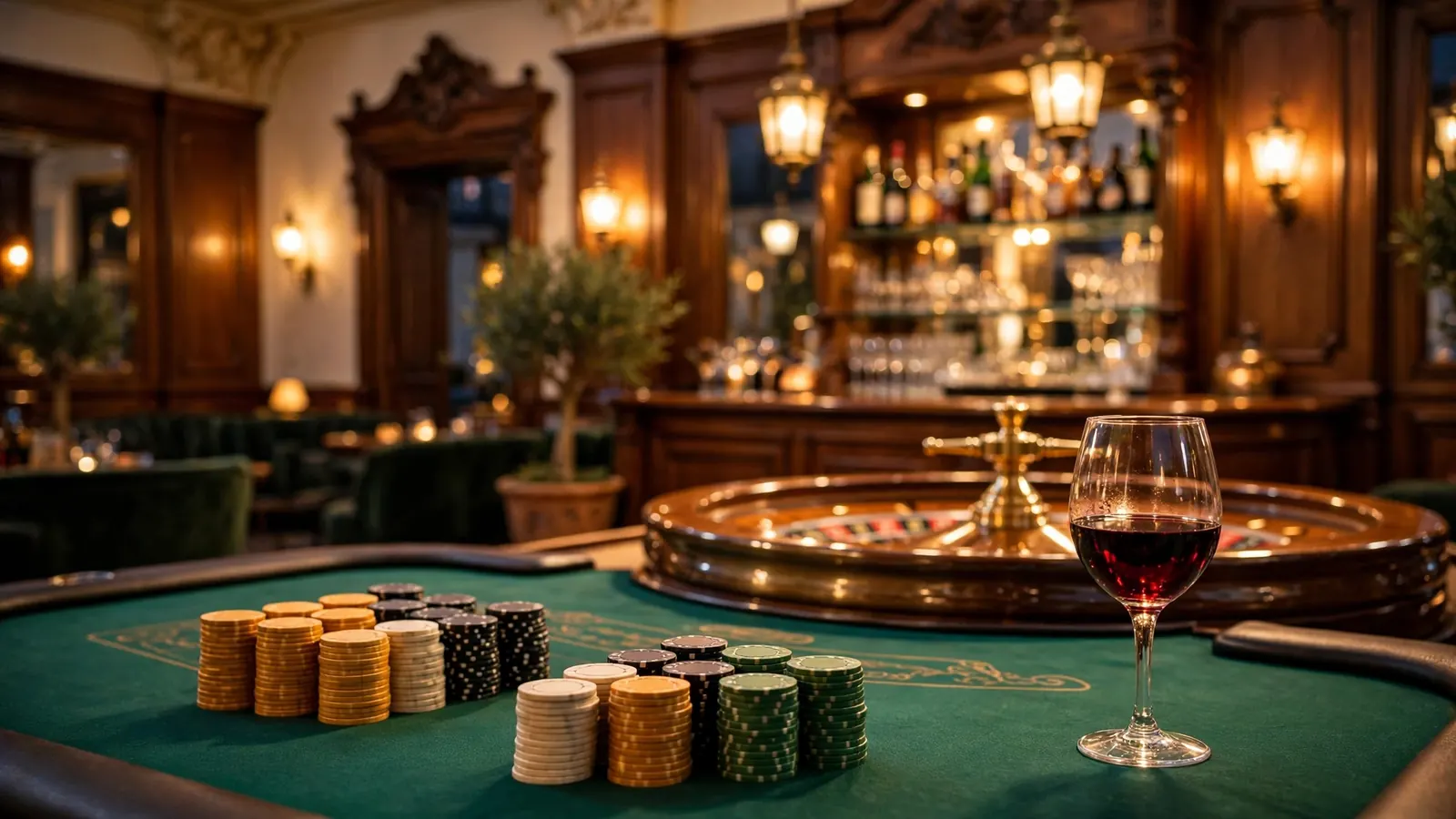 Elegante interior de casino español con mesa de ruleta y fichas de juego