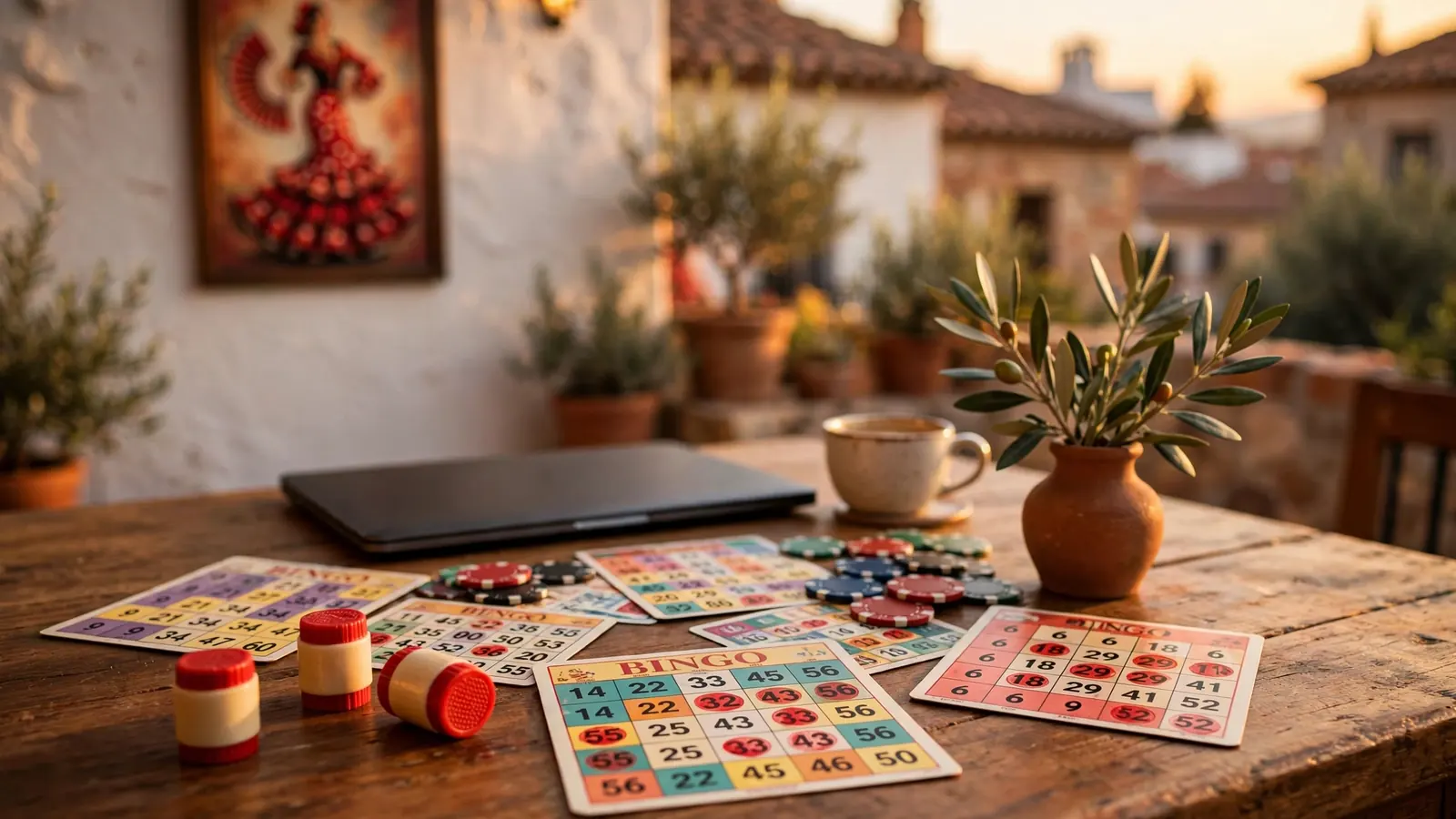 Mesa de bingo con cartones y fichas en terraza española al atardecer