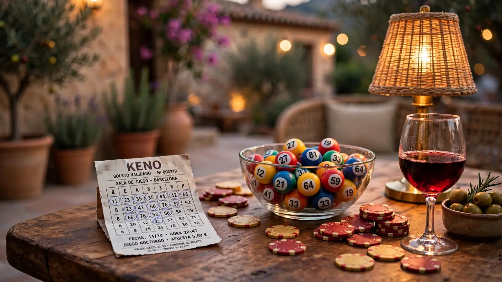 Mesa de noche con boleto de keno, bolas numeradas y fichas de casino