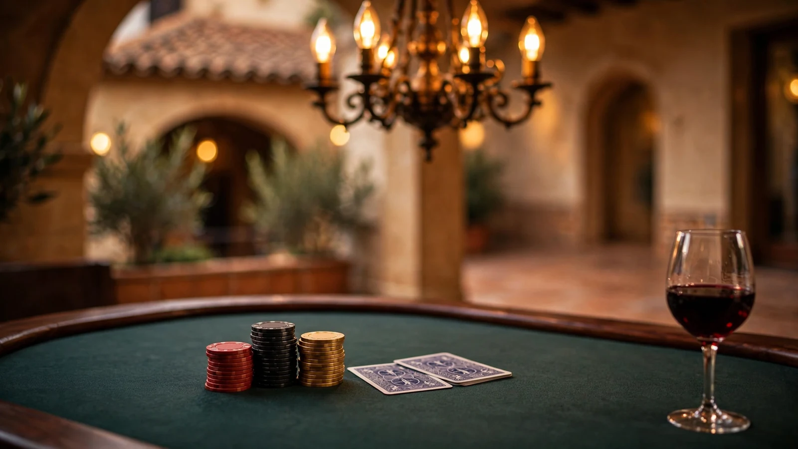 Mesa de póquer con fichas, cartas y vino en ambiente de casino español