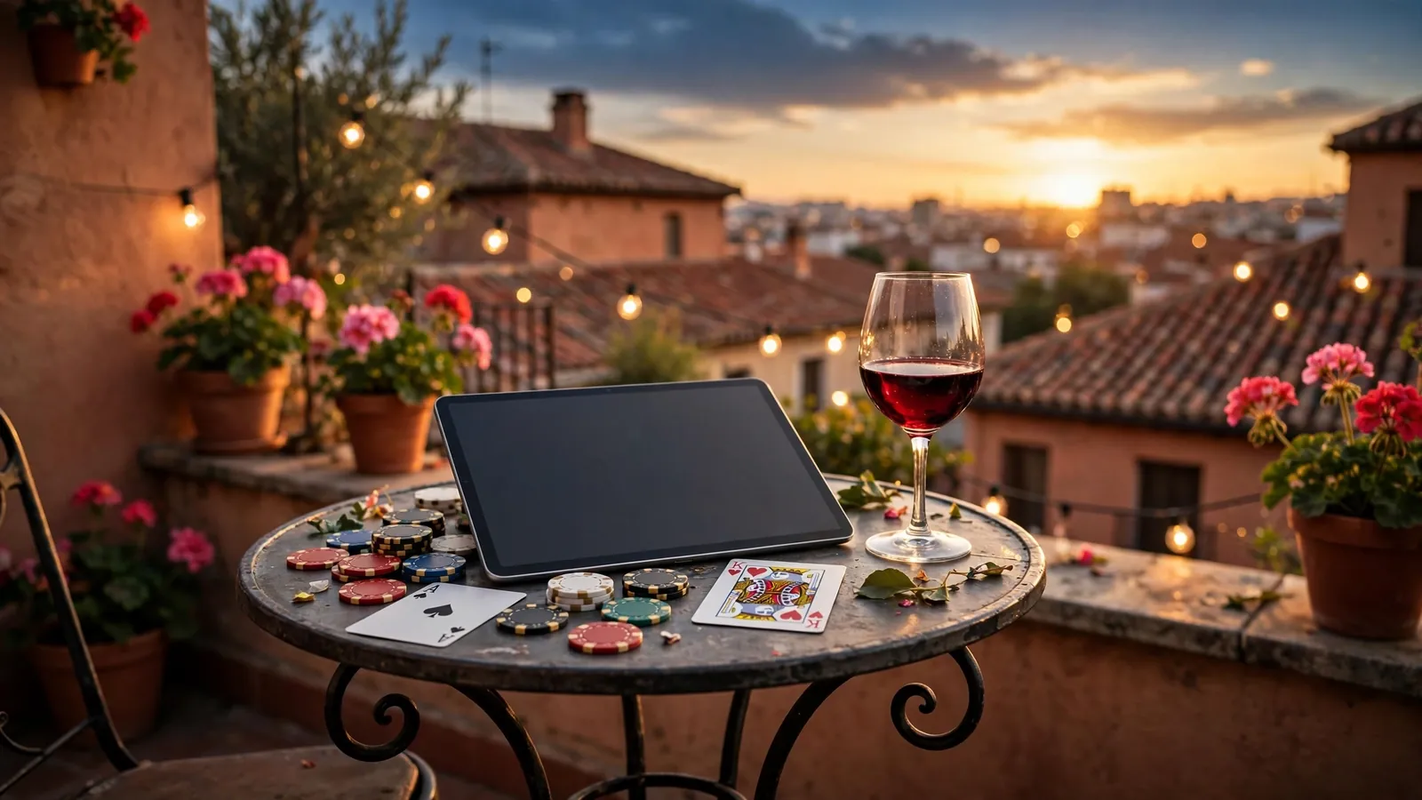Tableta en terraza española al atardecer con fichas de casino y cartas