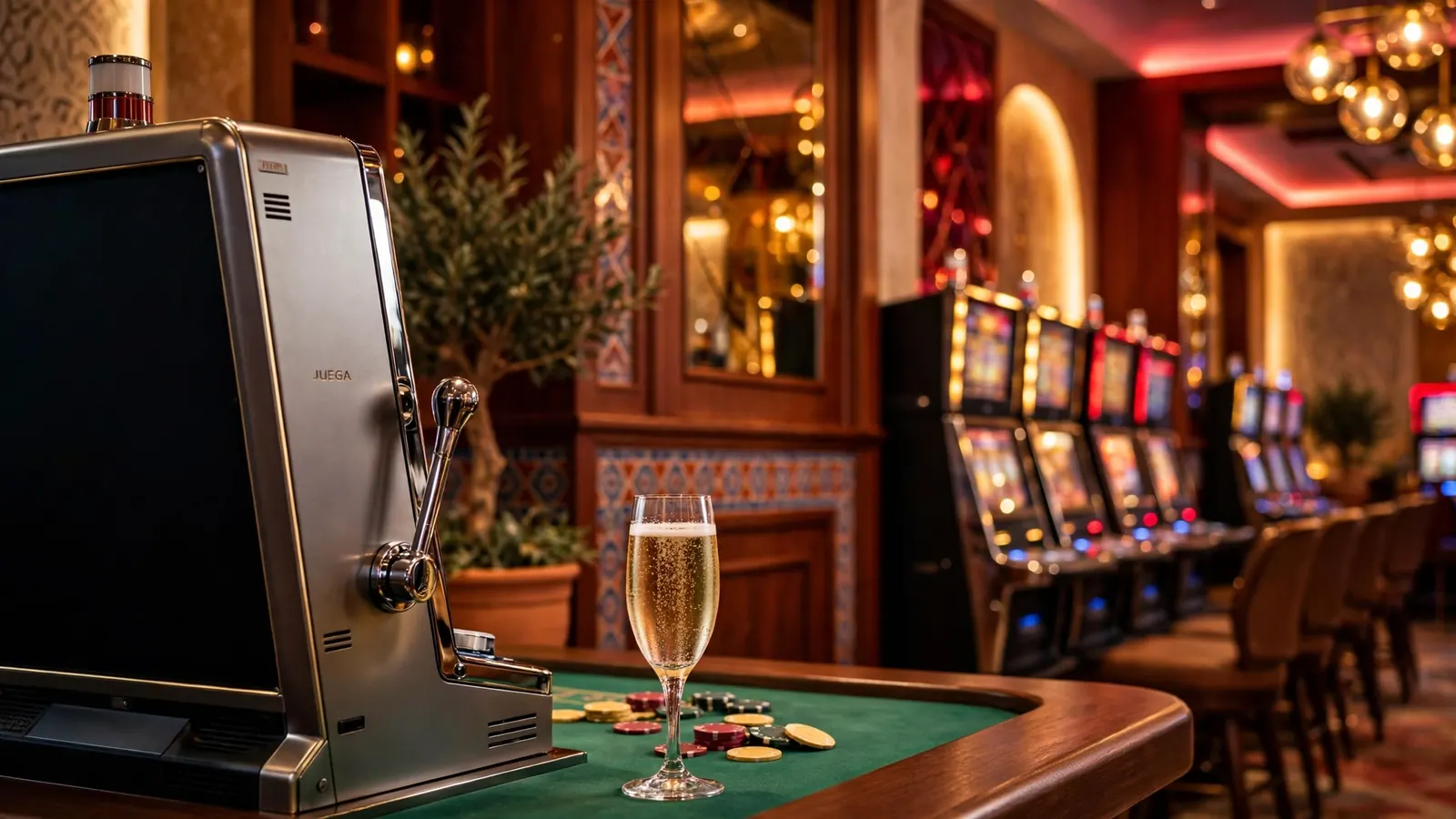 Sala de casino española iluminada con máquina tragaperras y copa de cava