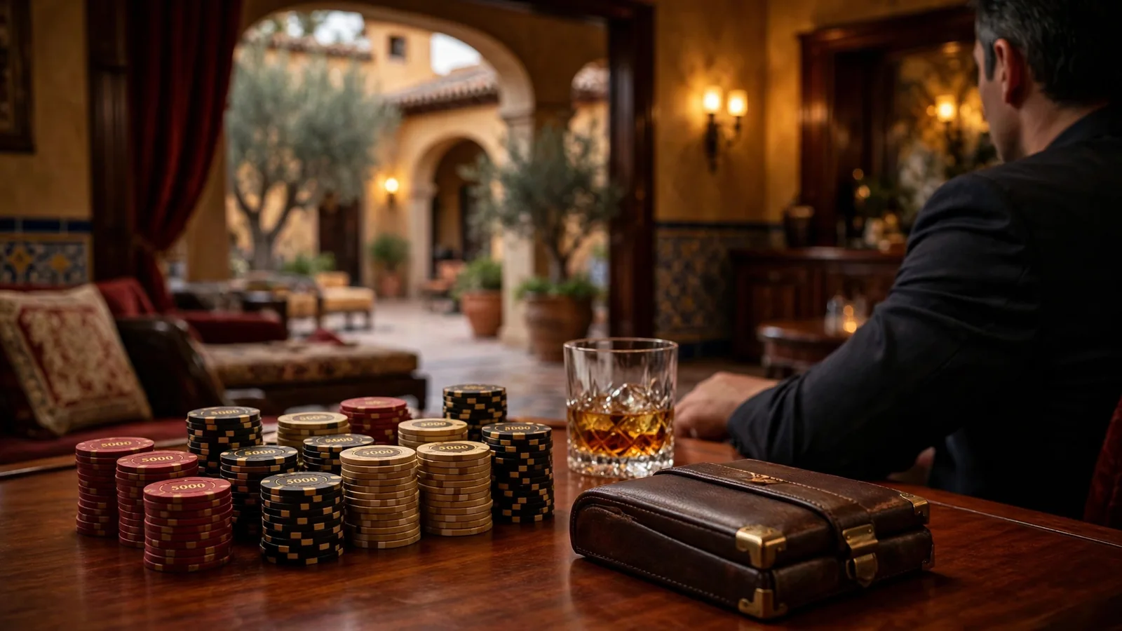 Sala VIP de casino con fichas de alto valor y ambiente exclusivo