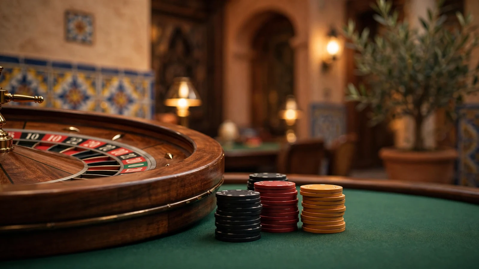 Mesa de casino en vivo con ruleta y fichas en ambiente elegante español