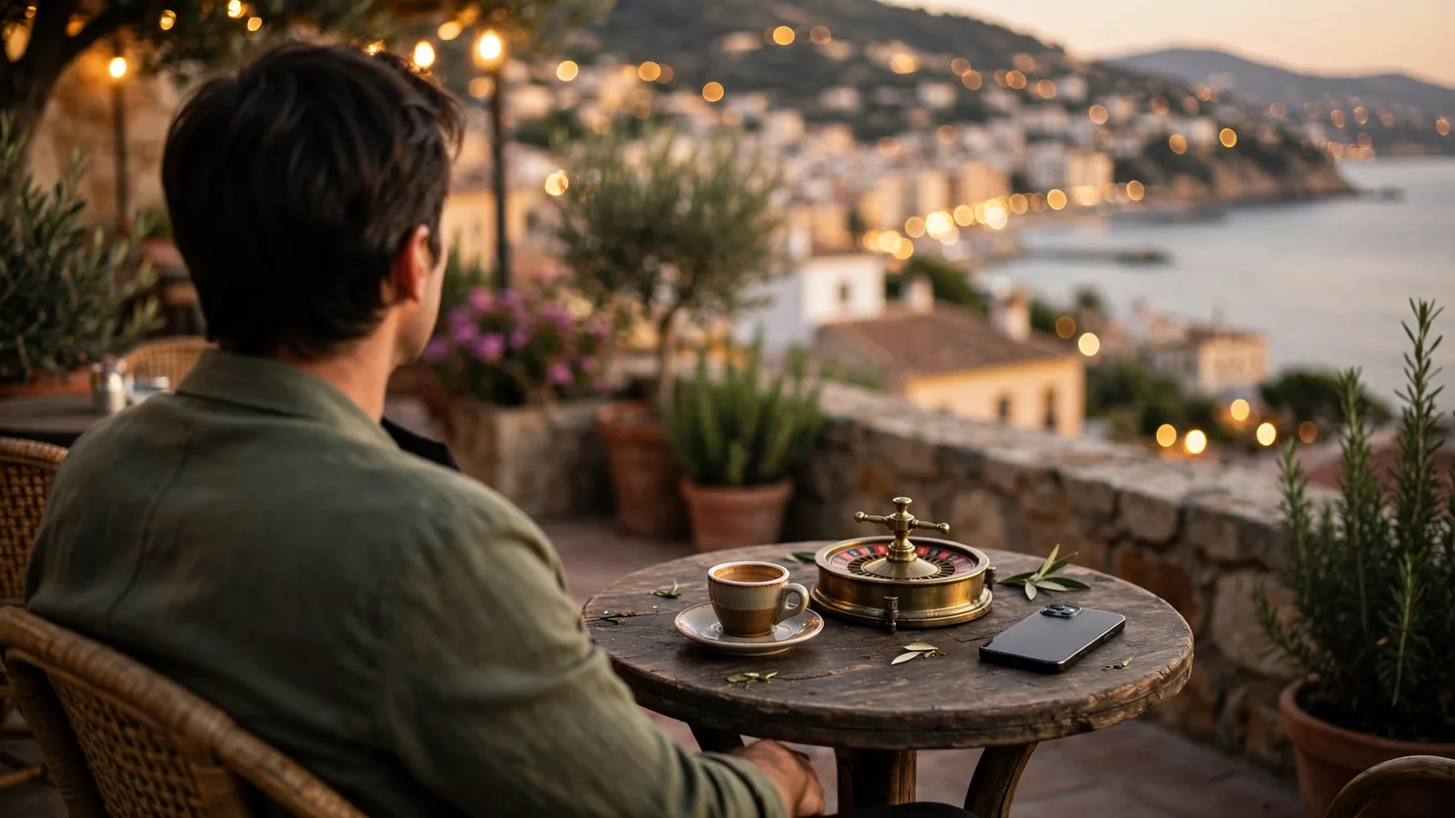 Adulto en terraza mediterránea al atardecer con café y rueda de ruleta decorativa