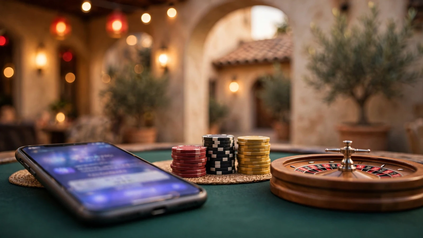 Smartphone con método de pago junto a fichas de casino y ruleta