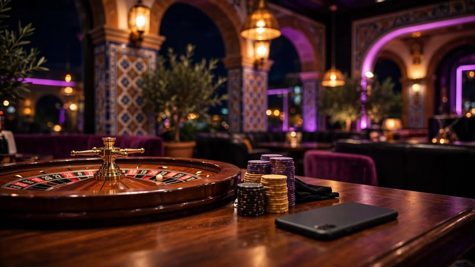 Elegante salón de casino español con ruleta, fichas y luz dorada nocturna