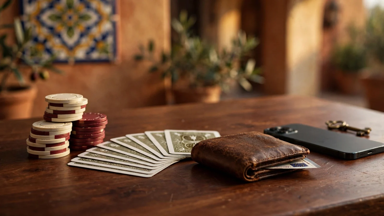 Mesa de madera con fichas de casino, cartas y teléfono boca abajo en interior español cálido