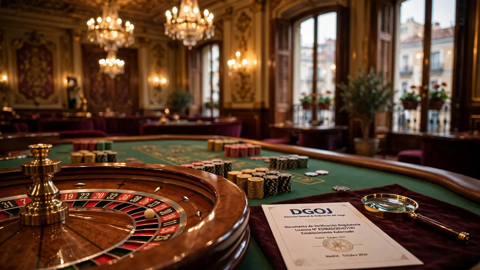 Interior elegante de casino español con mesa de ruleta y fichas bajo luz dorada