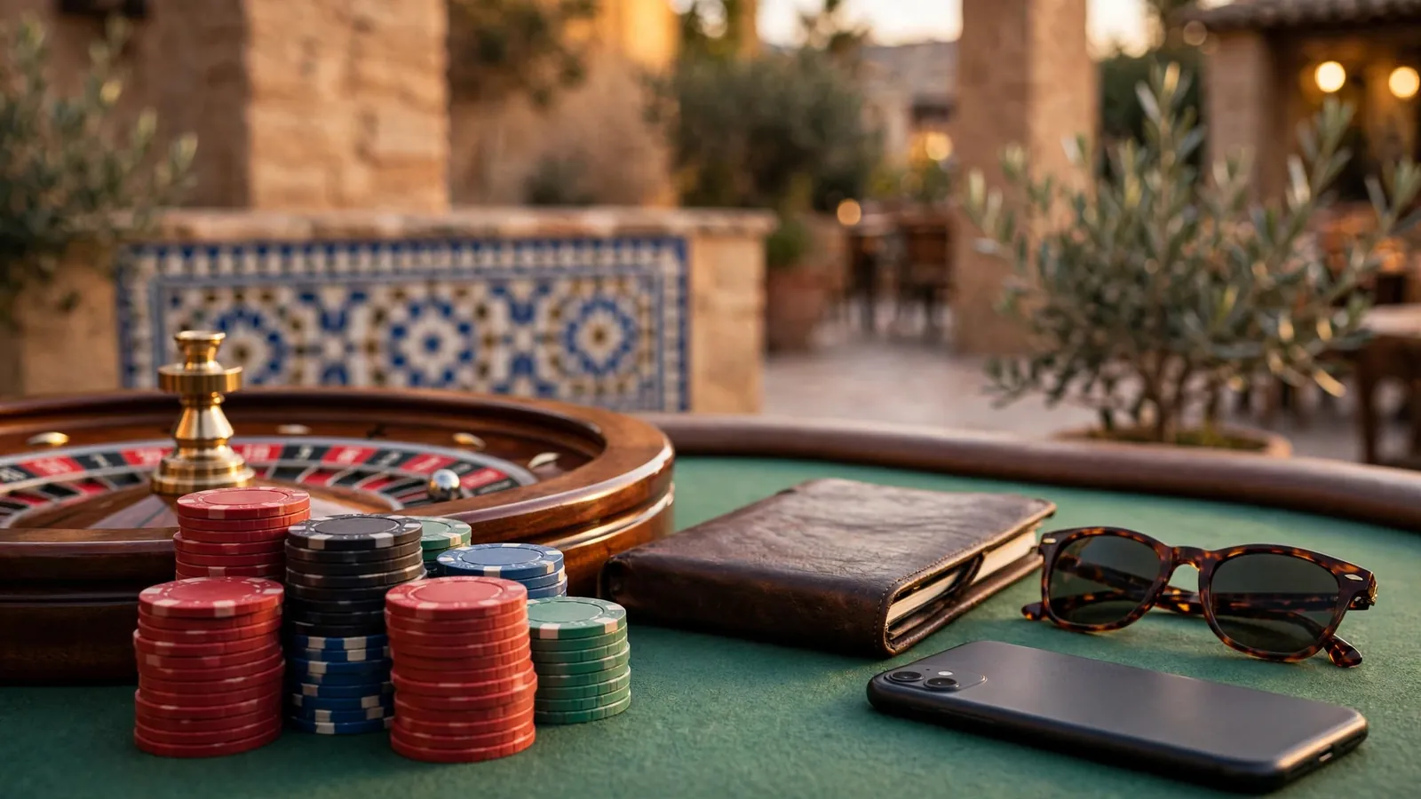 Mesa de casino con fichas, ruleta y un teléfono boca abajo en ambiente español