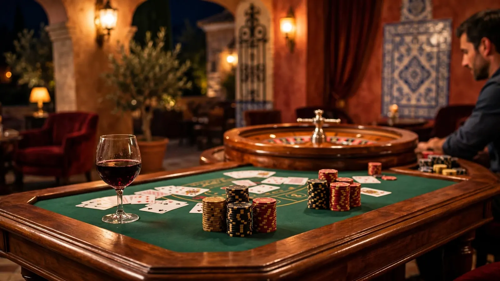 Elegante salón de casino español con fichas, cartas y ruleta bajo luz cálida