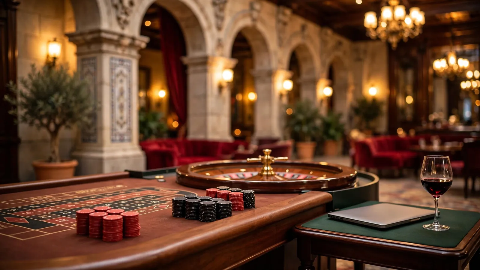 Mesa de ruleta europea con fichas y portátil cerrado en ambiente elegante de casino