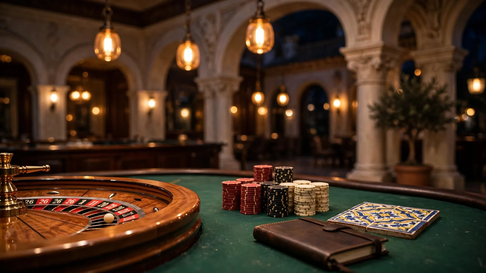 Elegante mesa de ruleta con fichas en un casino de estilo europeo