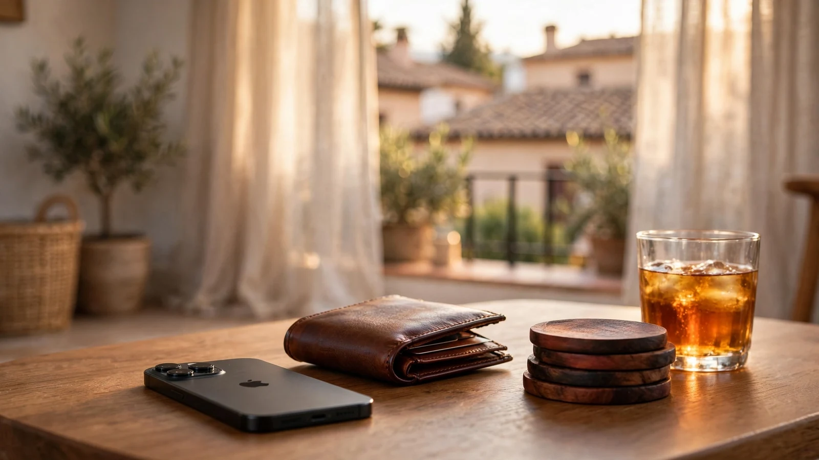 iPhone y fichas de casino sobre mesa en apartamento español moderno