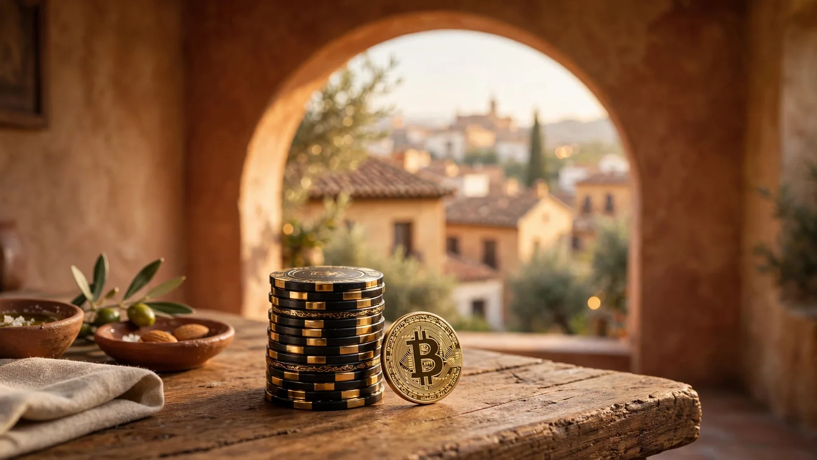 Mesa de casino con fichas doradas y una moneda Bitcoin junto a una ventana con vista urbana española.