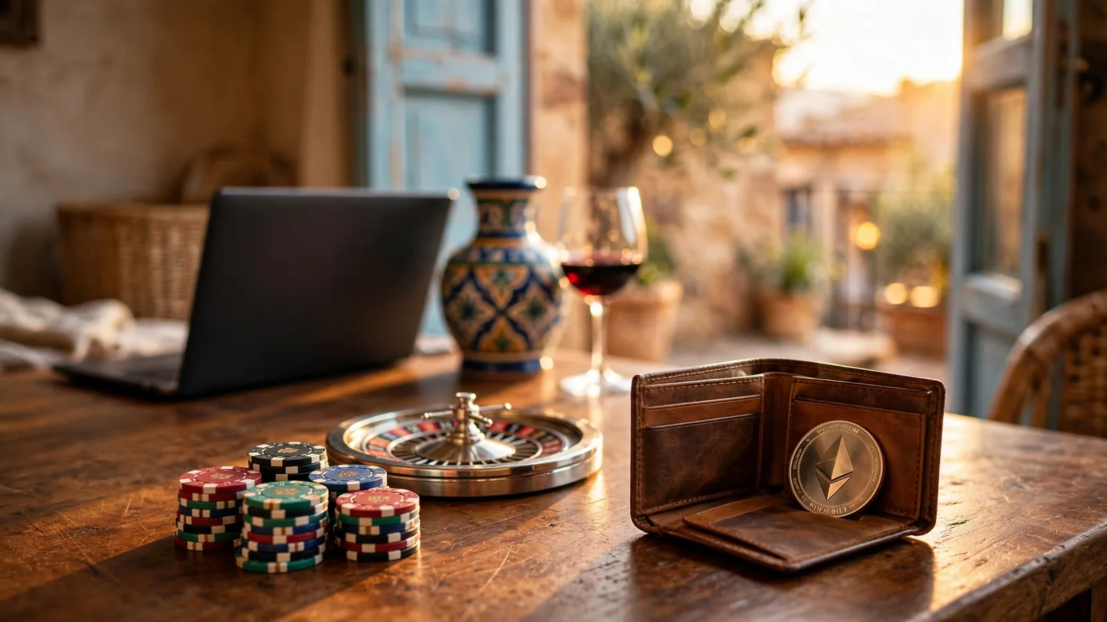 Casino chips y moneda Ethereum junto a una ruleta sobre mesa española