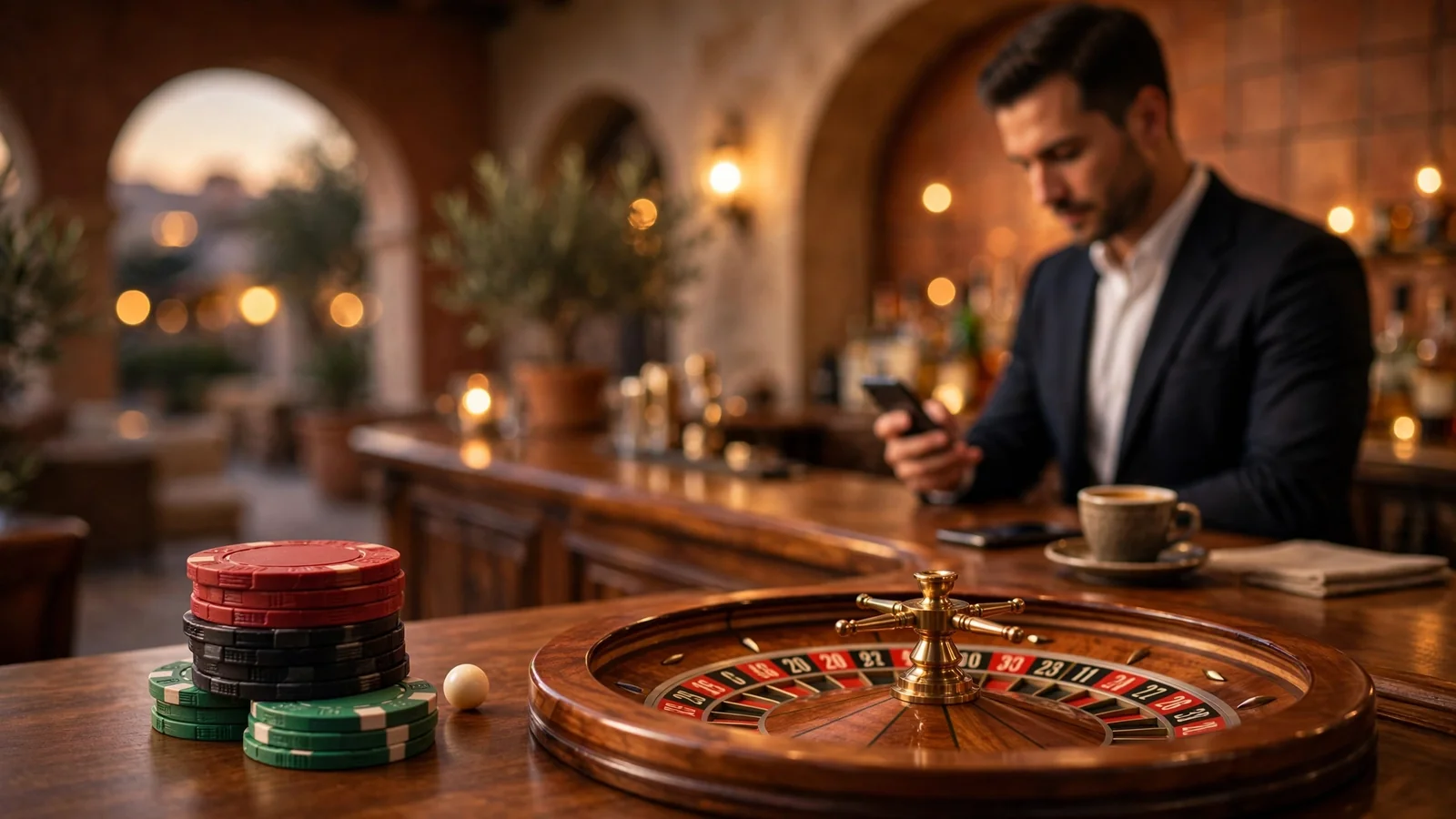 Escena elegante de casino con fichas, ruleta y pago móvil en un bar español