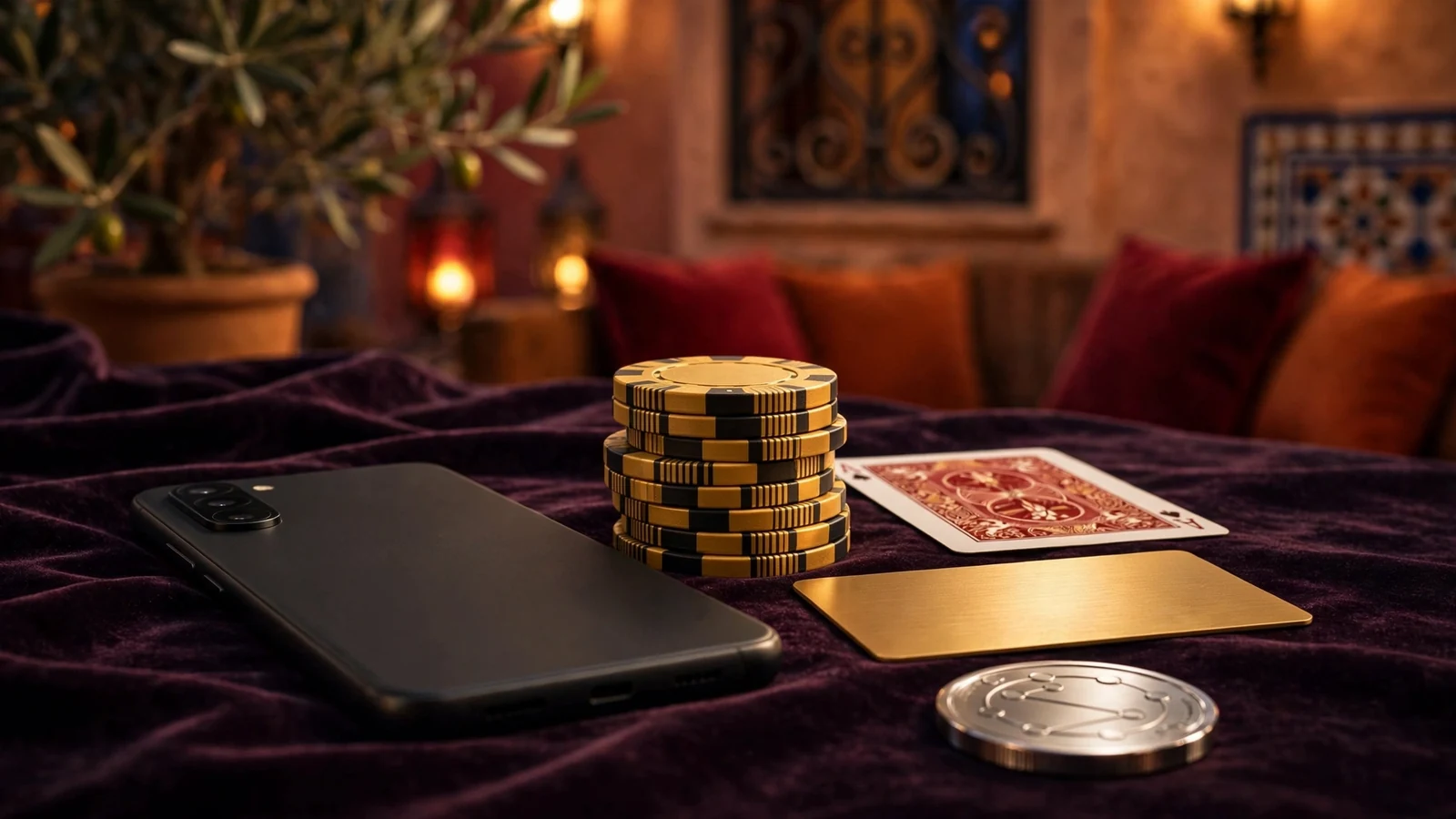 Teléfono, fichas de casino y tarjeta de pago sobre superficie de terciopelo