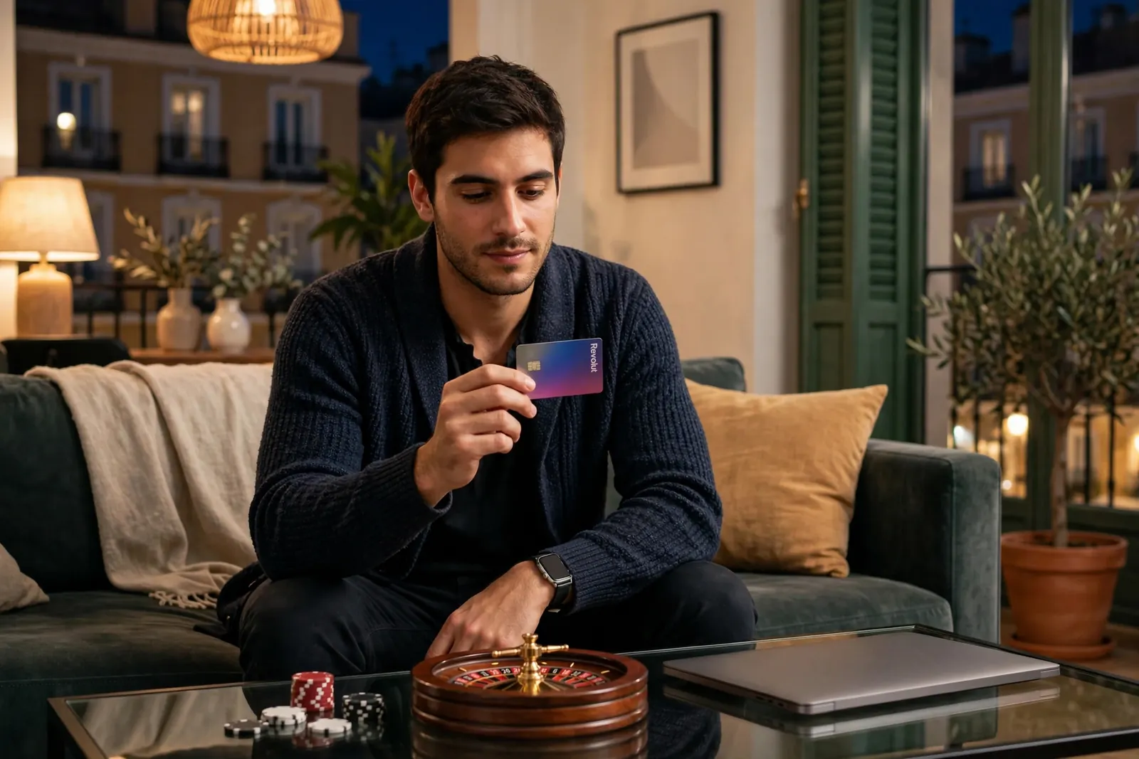 Hombre en salón moderno con tarjeta Revolut, fichas de casino y ruleta sobre la mesa