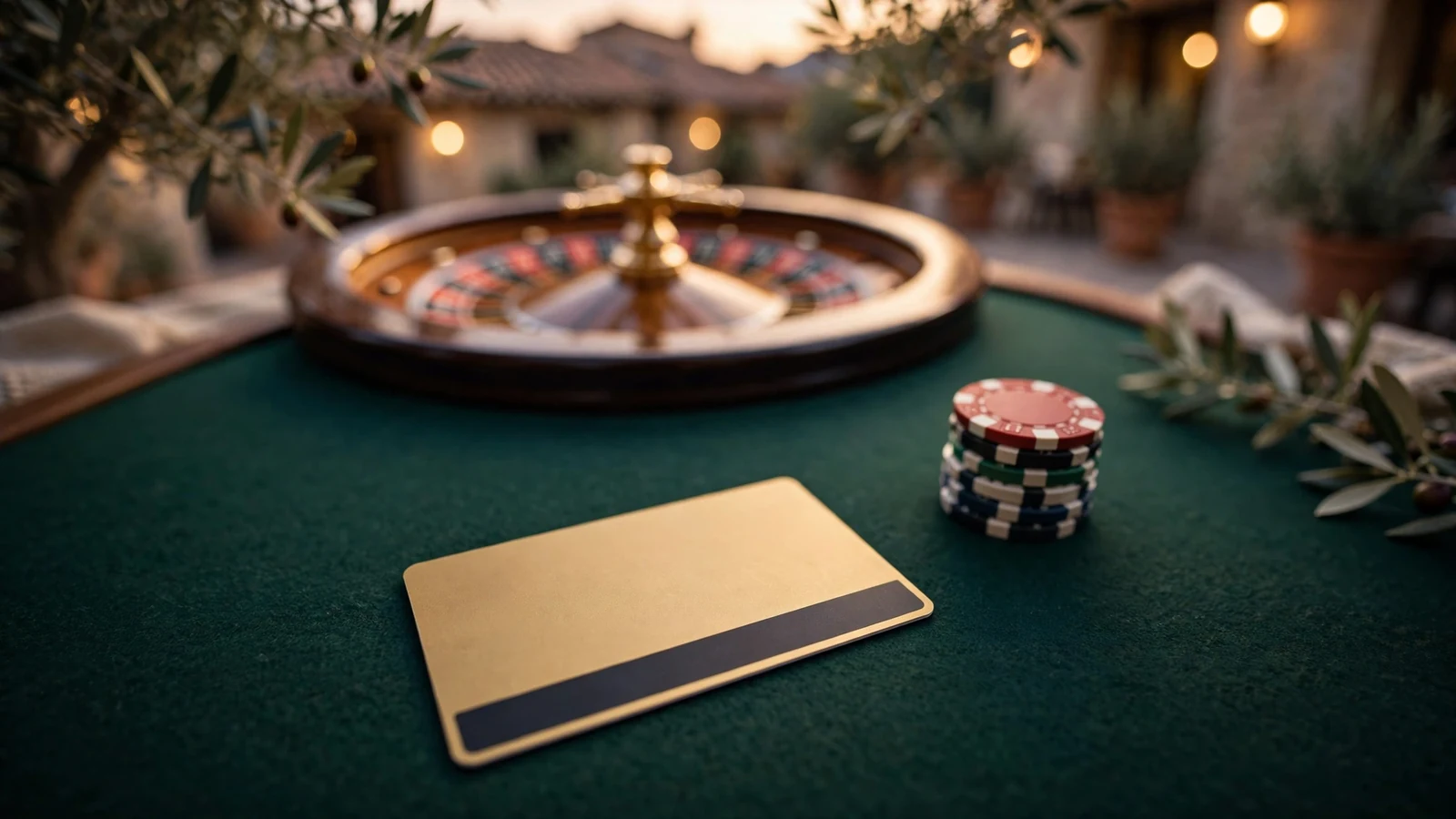 Tarjeta de crédito sobre mesa de casino con fichas y ruleta