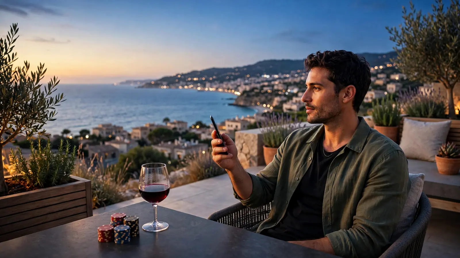 Persona con smartphone en terraza mediterránea española al atardecer, junto a fichas de casino