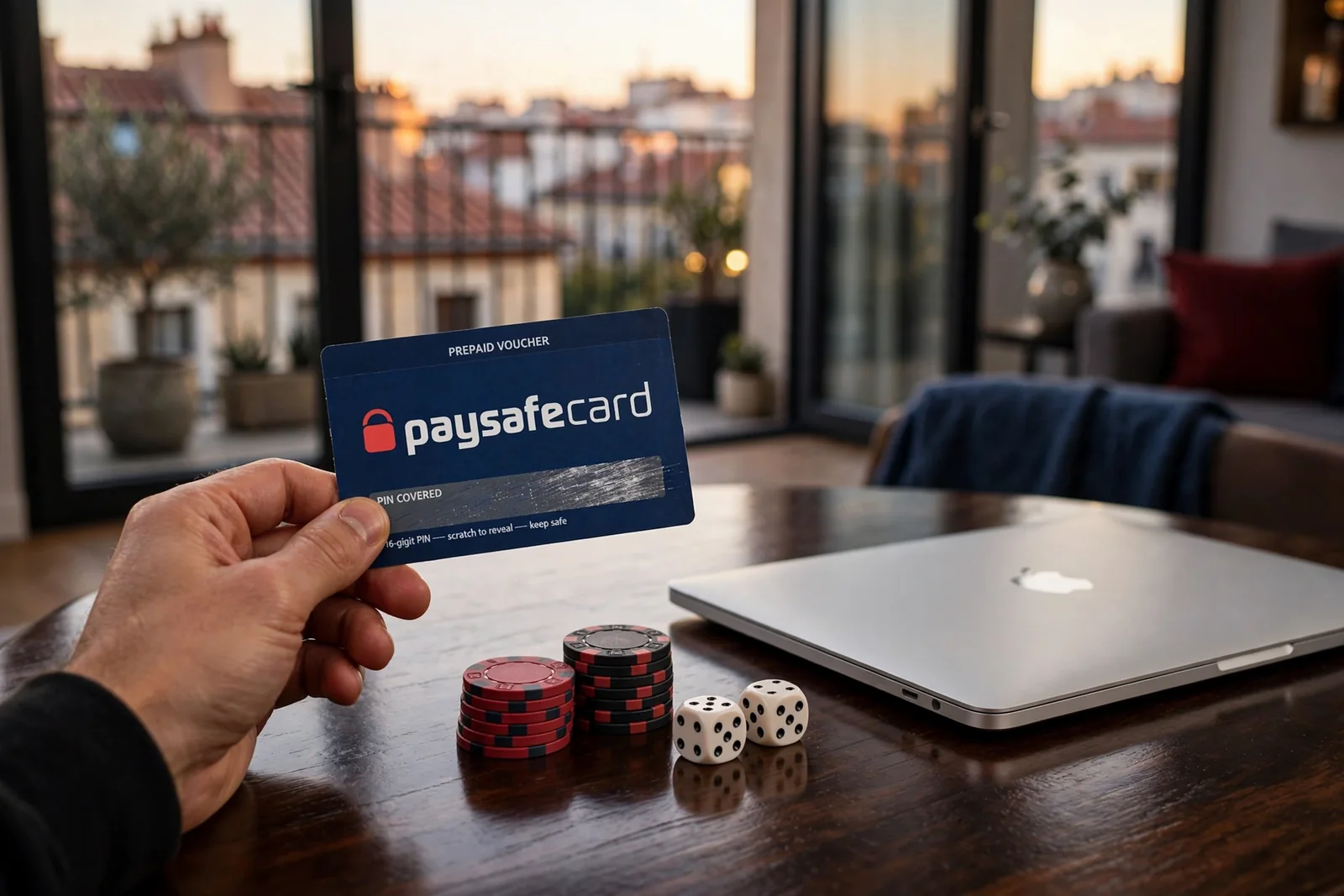 Mano sosteniendo un vale Paysafecard junto a fichas de casino y un portátil cerrado en una mesa moderna.