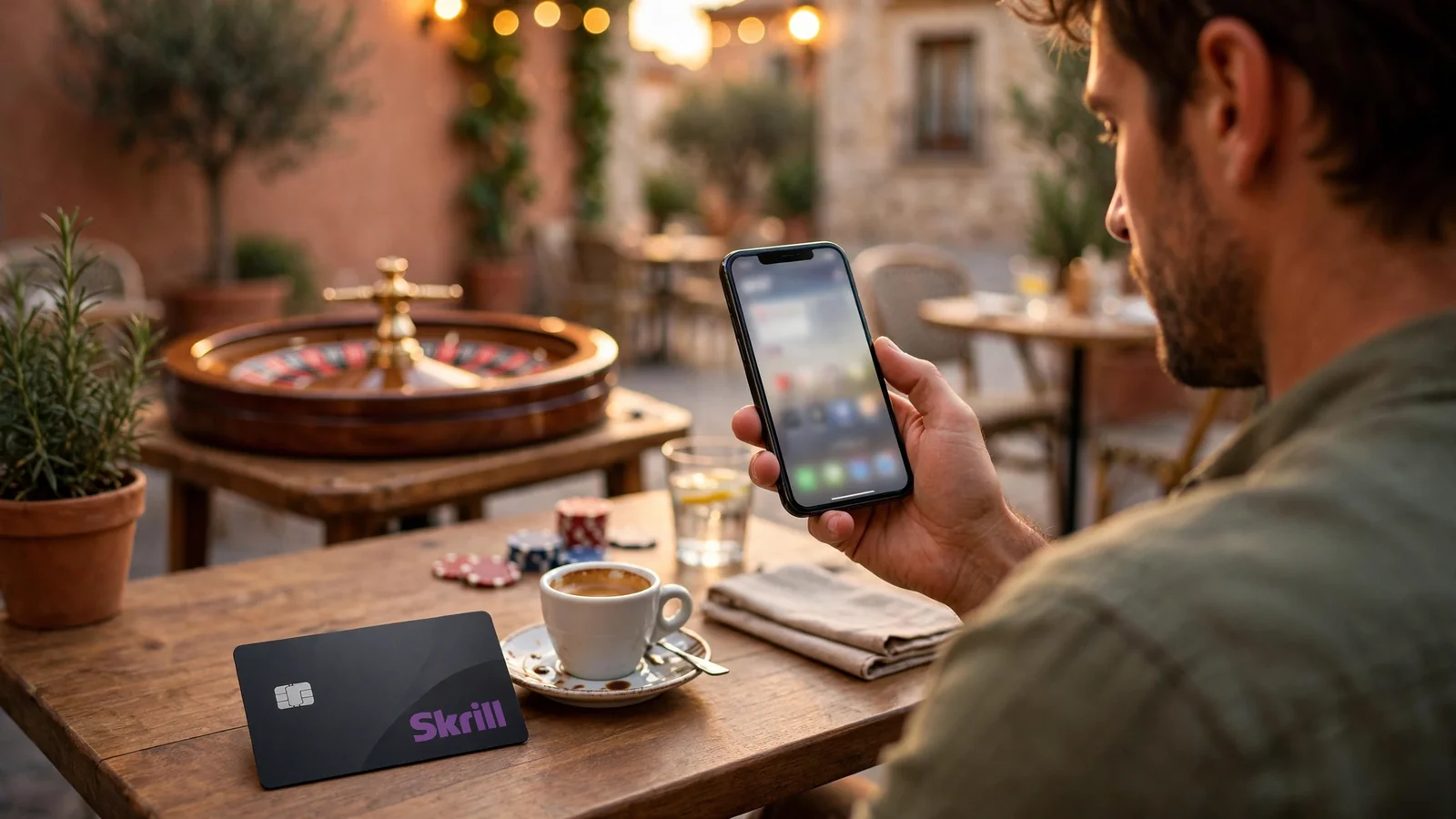 Persona en un café español usando monedero electrónico Skrill cerca de una ruleta