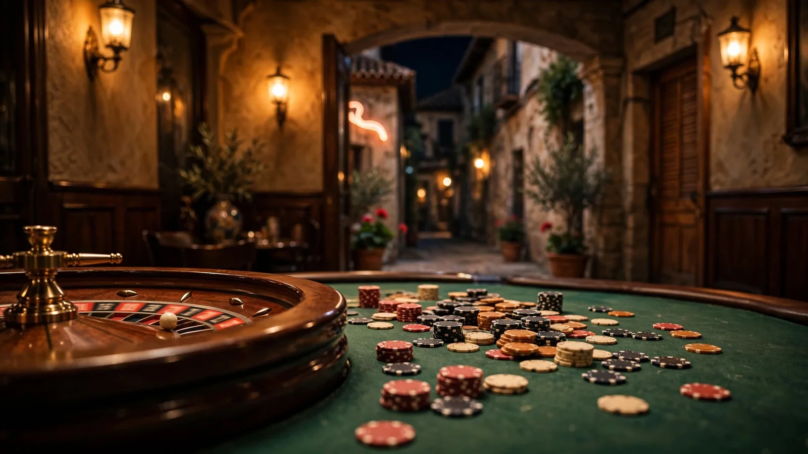 Mesa de ruleta en un salón de casino español con luz tenue y fichas esparcidas