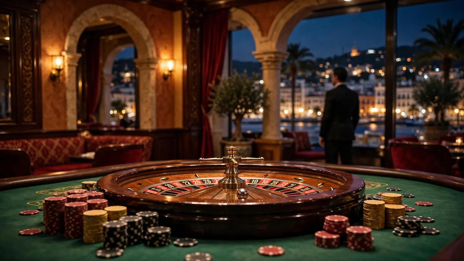Interior de un casino offshore con ruleta y fichas bajo luz dorada y roja