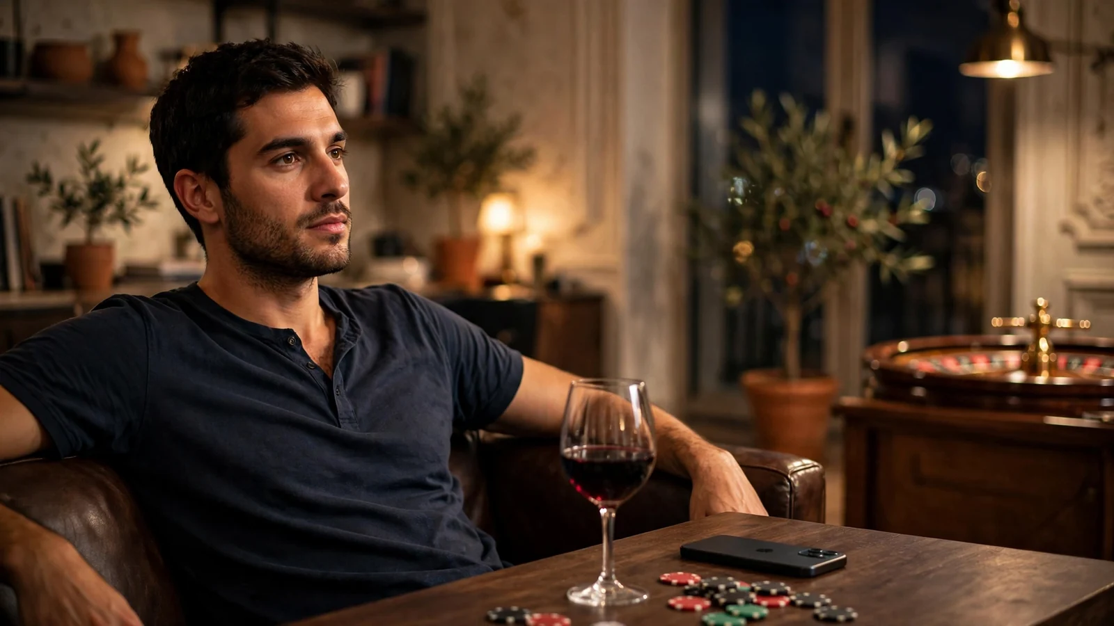 Hombre español relajado junto a fichas de casino y ruleta en apartamento de Madrid
