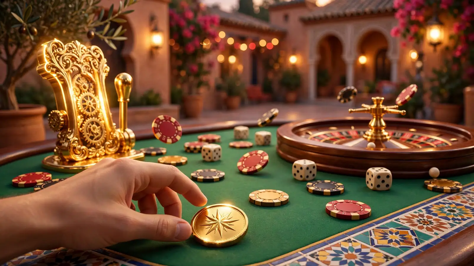 Ilustración de casino en línea con fichas, ruleta y tirada gratis sobre mesa española