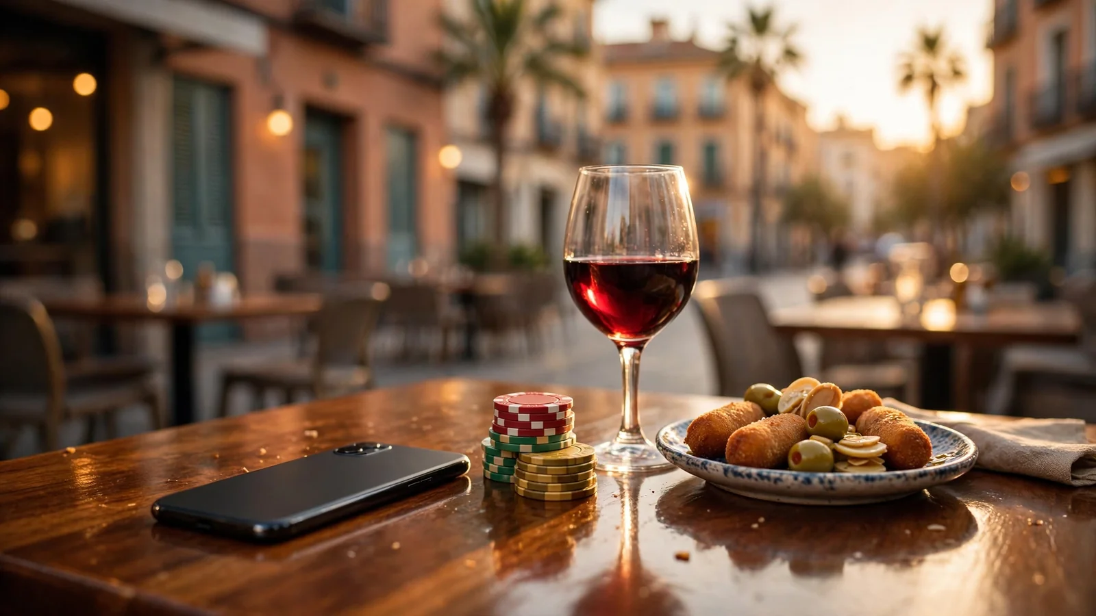 Mesa de terraza española con fichas de casino, móvil boca abajo y copa de vino