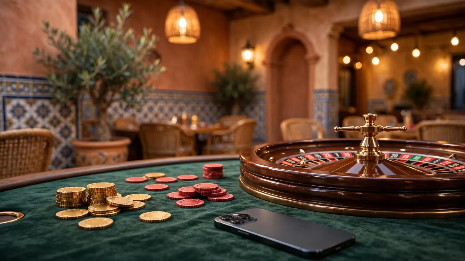 Mesa de casino con fichas, ruleta y teléfono sobre terciopelo, ambiente español moderno
