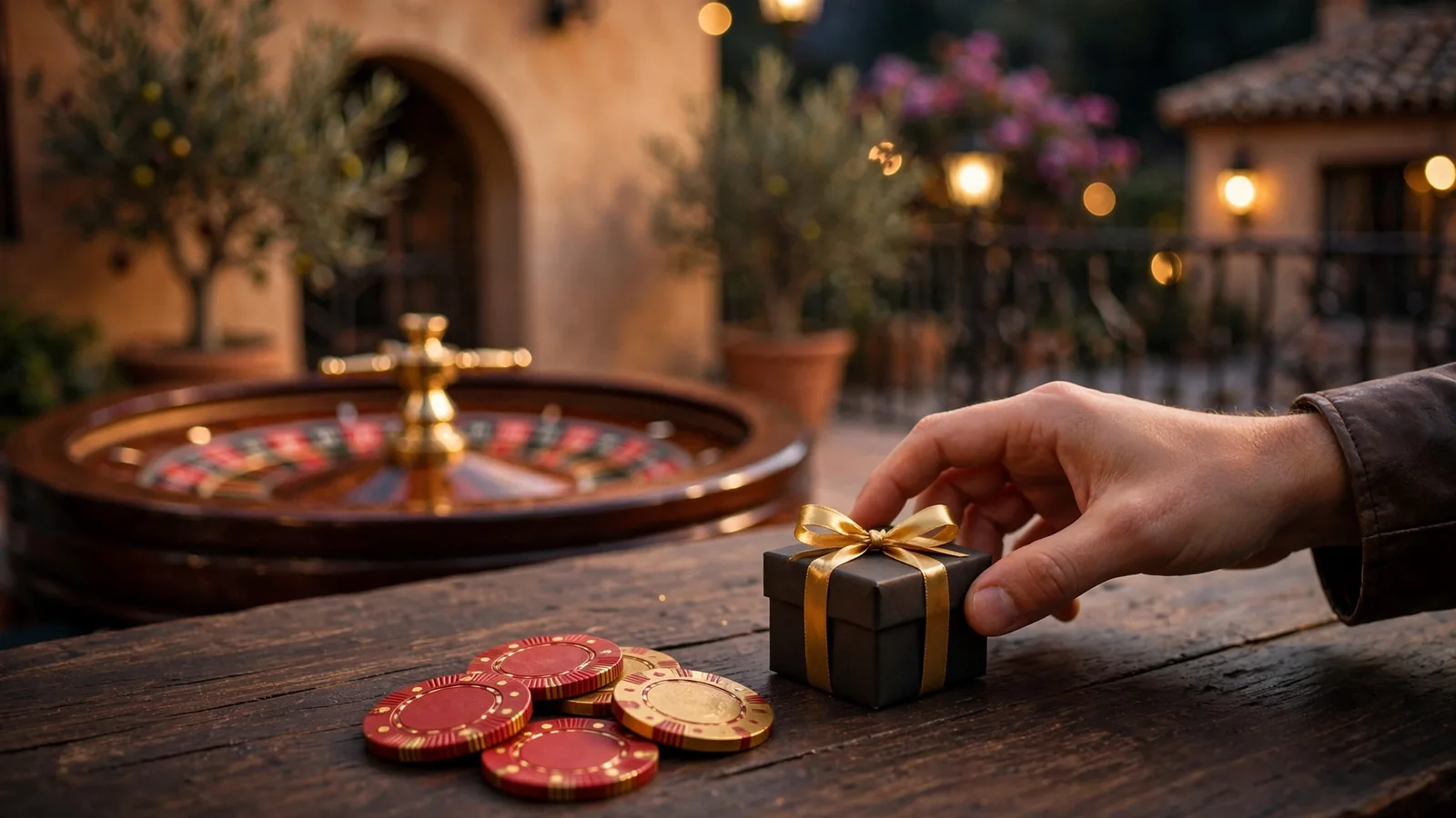 Mesa de casino con fichas, ruleta y caja de regalo promocional