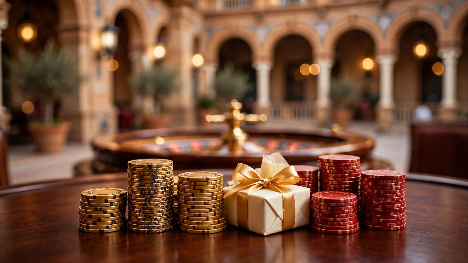 Mesa de casino elegante con fichas doradas y caja de regalo, ambiente mediterráneo español