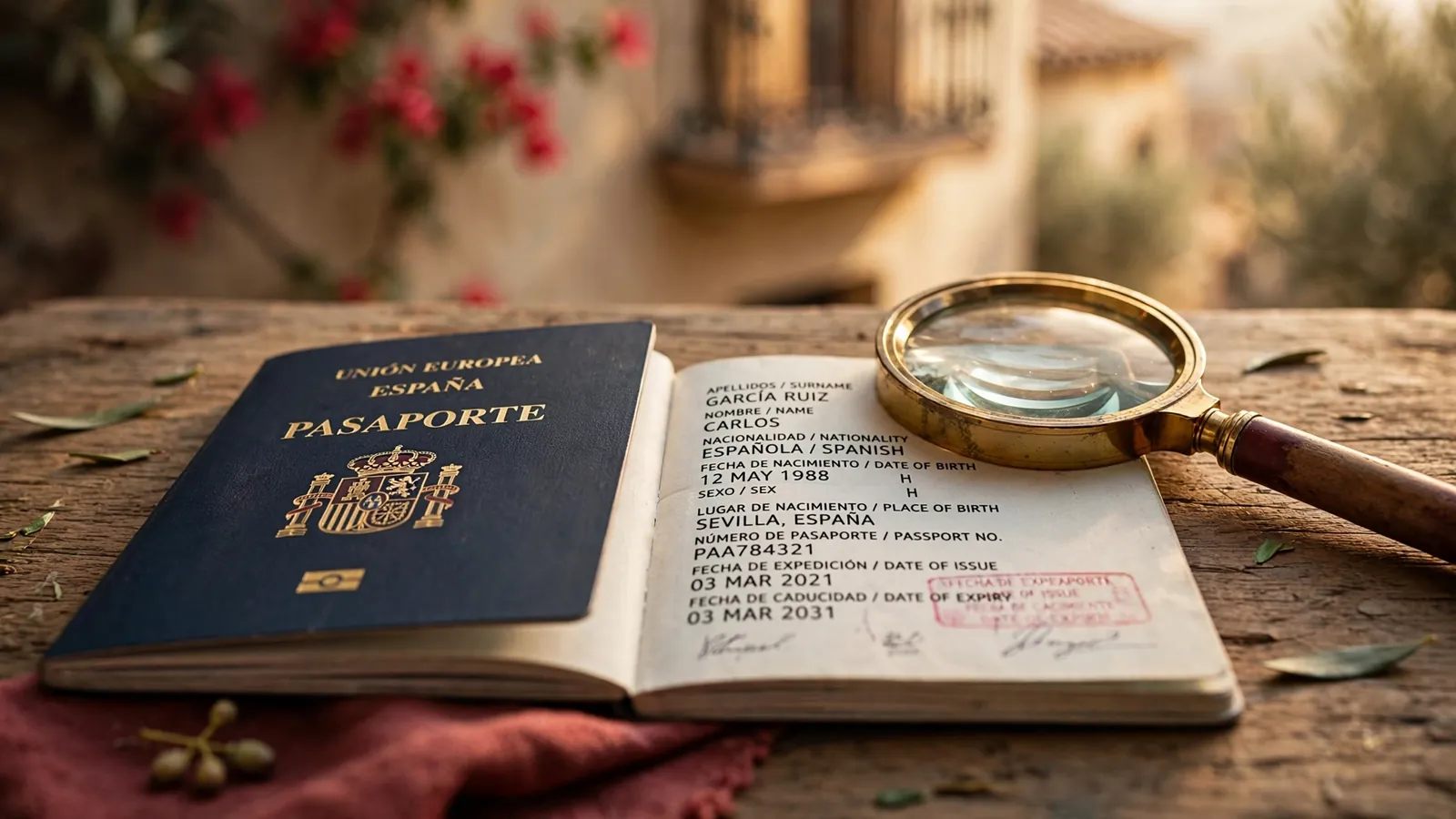 Pasaporte español y lupa sobre escritorio con bandera de España al fondo
