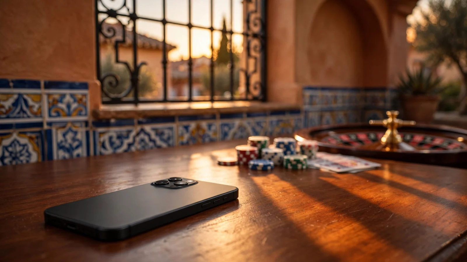 Teléfono móvil sobre mesa en interior español elegante con fichas y cartas de casino