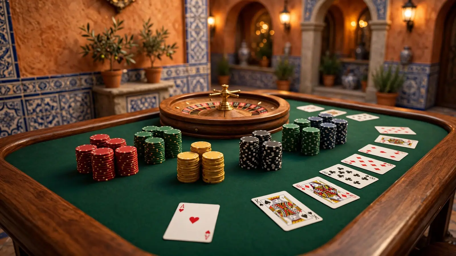 Mesa de casino con fichas, ruleta y cartas en elegante ambiente español