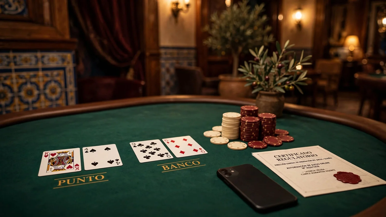 Mesa de punto banco con cartas, fichas y un documento de licencia oficial en un casino elegante español.