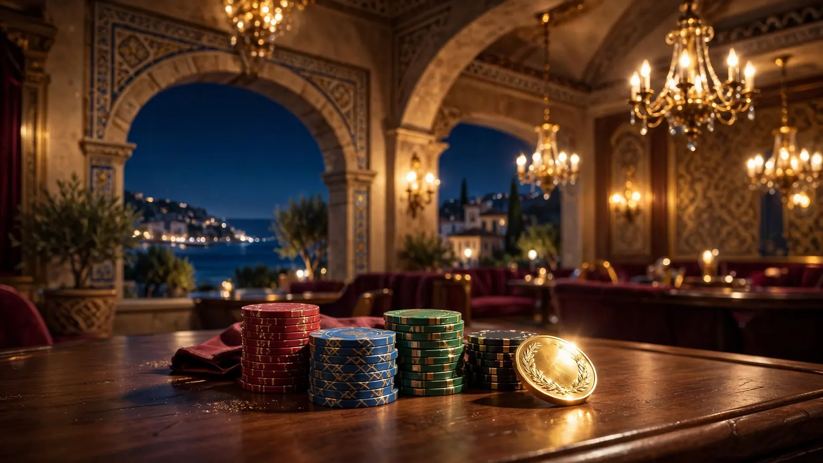 Mesa de casino con fichas doradas en salón lujoso español