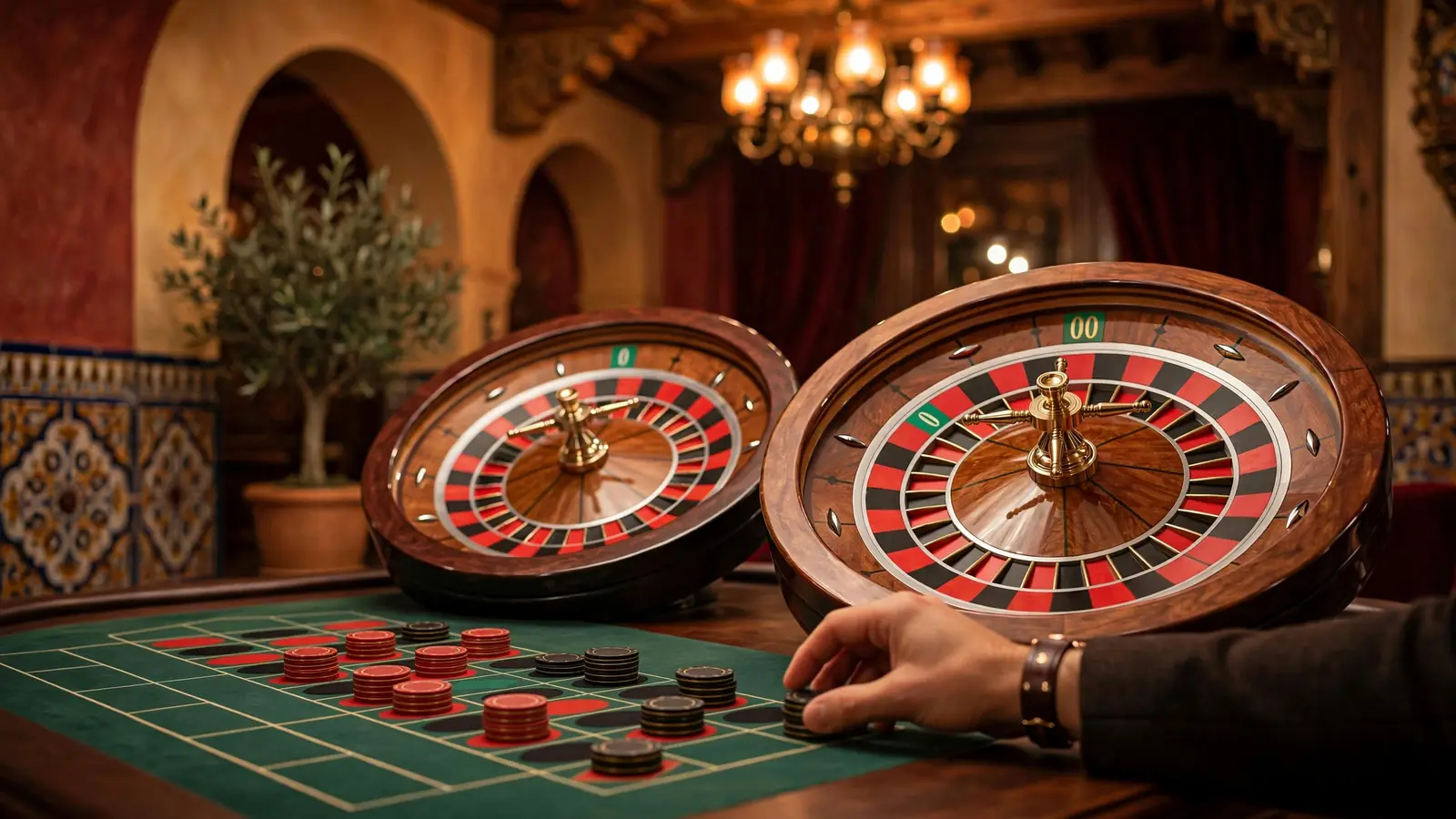 Mesa de casino elegante con dos ruedas de ruleta, europea y americana con doble cero
