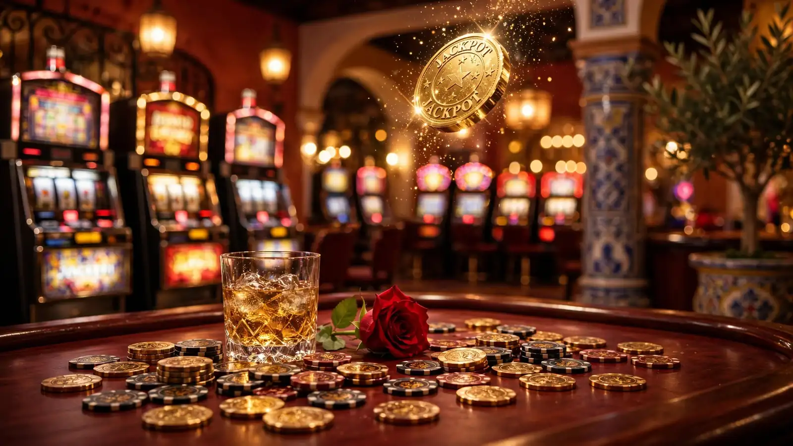 Mesa de casino española con fichas doradas y luces de tragamonedas al fondo