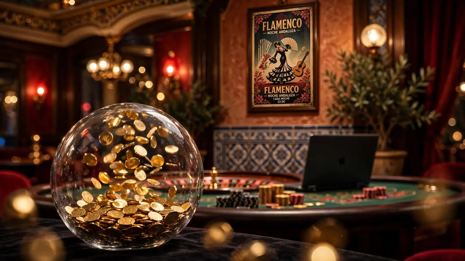 Globo de jackpot progresivo lleno de monedas doradas en un casino elegante