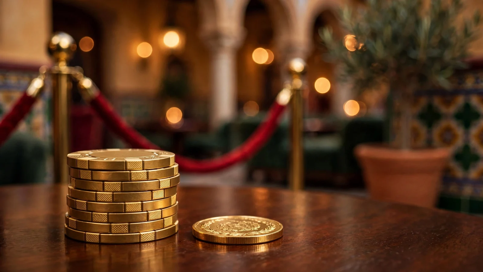 Fichas de casino doradas sobre mesa de madera en salón de juego español