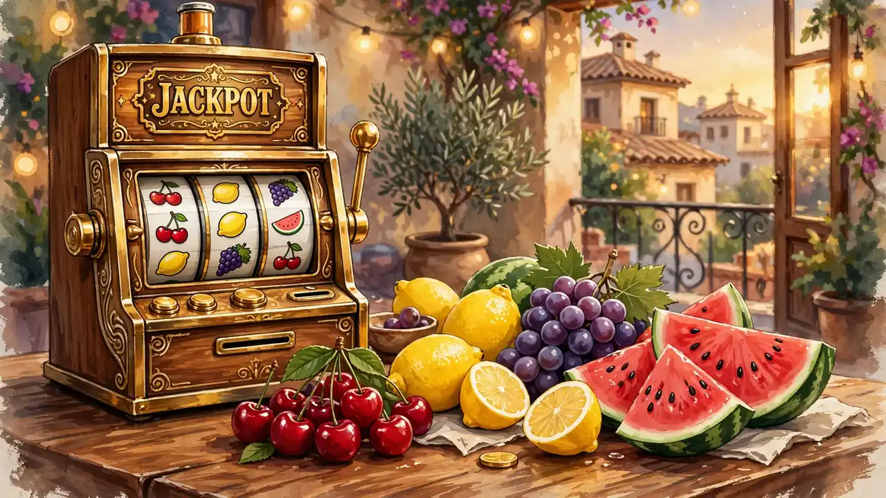 Máquina tragaperras clásica con frutas brillantes y estilo retro